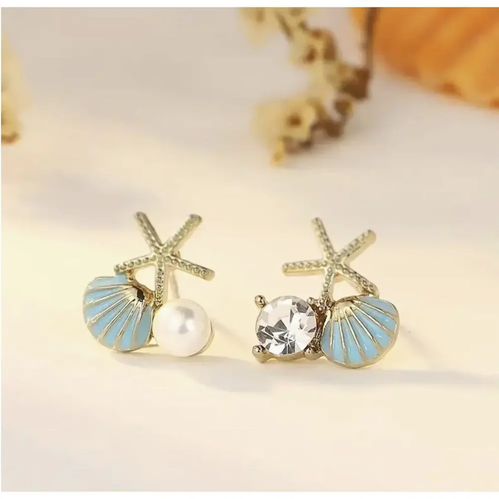 Anthropologie Seashell Starfish Earrings Mismatch Blue Gold Pearl CZ Mermaidcore